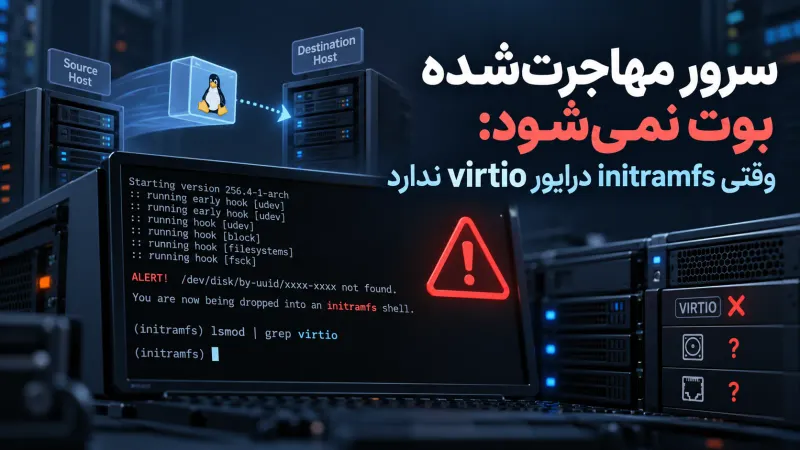سرور مهاجرتشده بوت نمیشود: وقتی initramfs درایور virtio ندارد